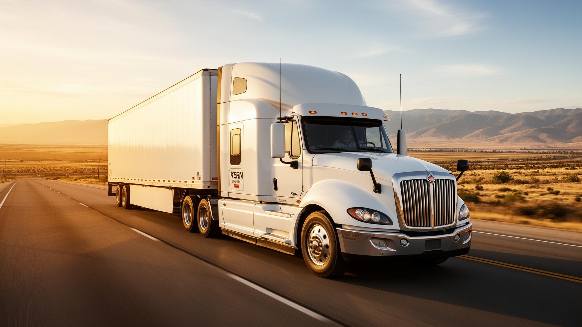 White semi truck driving on an open road near Bakersfield during golden hour
